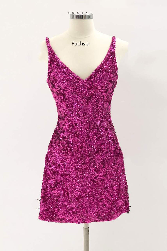 Sexy Red Sequins Tight Mini Homecoming Dress, V Neck Above Knee Cocktial Dresses OMH0087