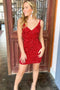 Sexy Red Sequins Tight Mini Homecoming Dress, V Neck Above Knee Cocktial Dresses OMH0087