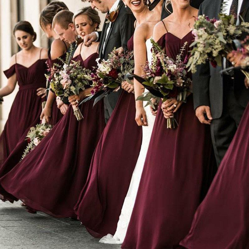Spaghetti Straps Cheap Chiffon Off Shoulder Burgundy Bridesmaid Dresses PDG61