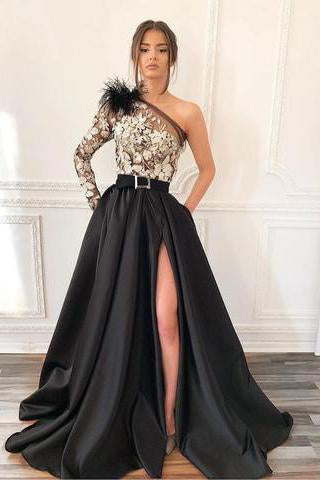 A-Line One-Shoulder Black Long Lace Appliqued Split Prom Dress with Pockets PDJ11