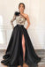 A-Line One-Shoulder Black Long Lace Appliqued Split Prom Dress with Pockets PDJ11
