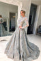 Long Sleeve Grey Lace A Line Long Evening Prom Dress for Teens PDG90