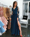 A Line Long Sleeves V Neck Dark Blue Prom Dresses With Appliques PDI67