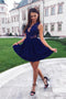 A Line V Neck Royal Blue Lace Appliques Short Homecoming Dresses PPD77