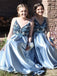 A-Line Spaghetti Straps Backless Blue Popular Prom Dress with Beading,Bridesmaid Dresses PDH53