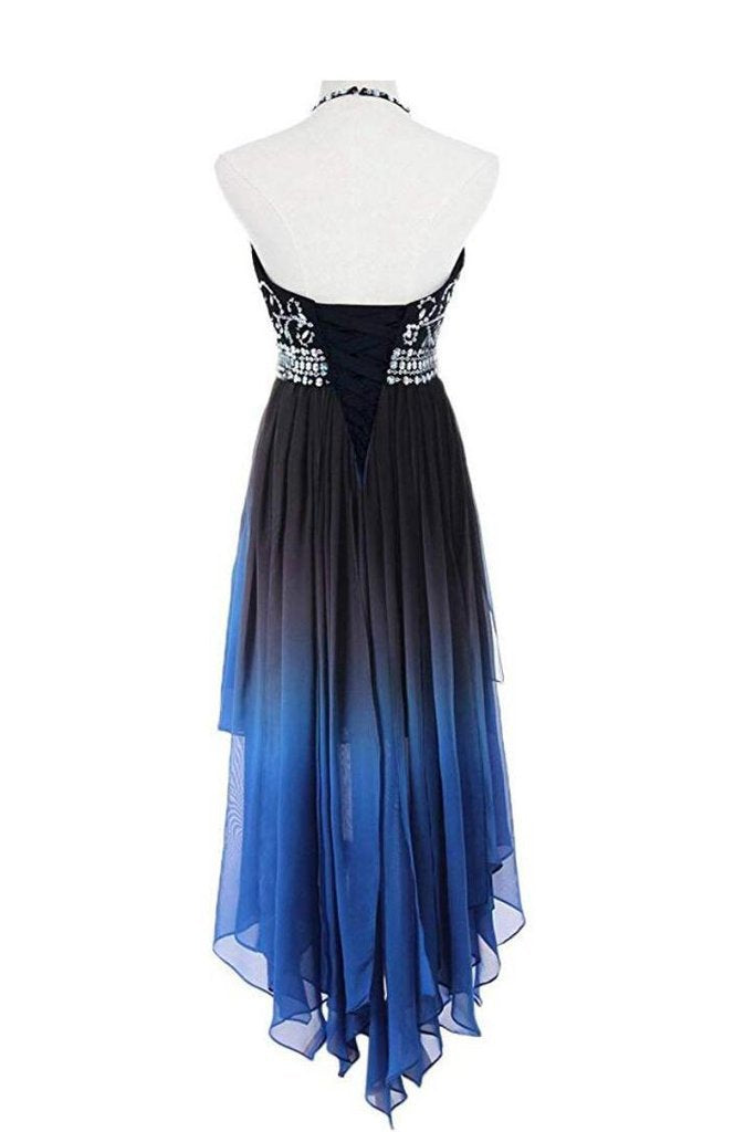High Low Halter Sleeveless Beading Chiffon Ombre Prom Dress PDG77