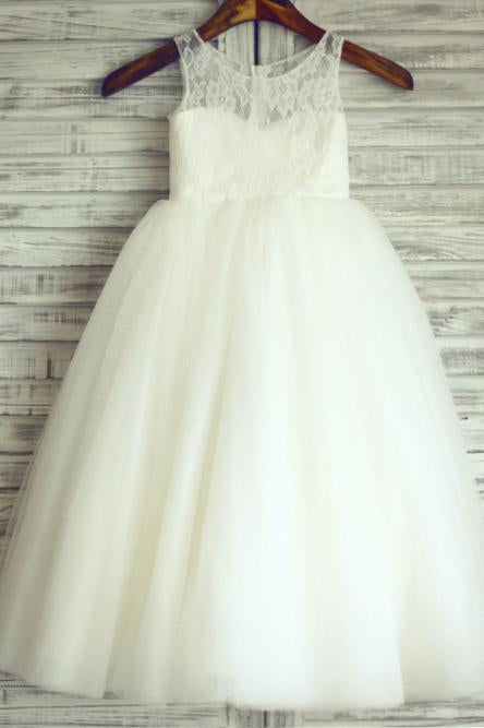 A-Line Round Neck White Tulle Flower Girl Dress with Lace PDP25