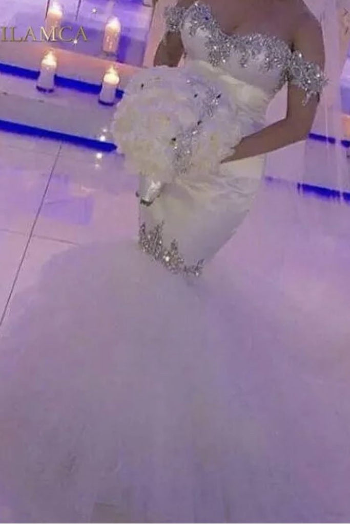 Elegant Mermaid Off the Shoulder Wedding Dress with Beads PPD33