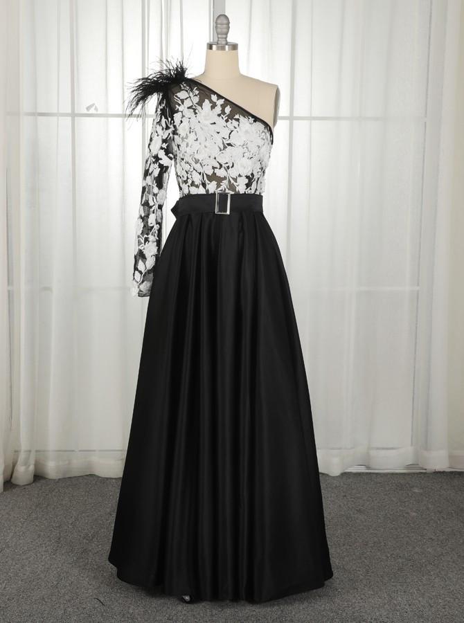 A-Line One-Shoulder Black Long Lace Appliqued Split Prom Dress with Pockets PDJ11