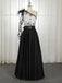 A-Line One-Shoulder Black Long Lace Appliqued Split Prom Dress with Pockets PDJ11