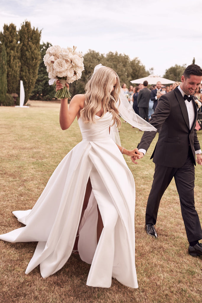 Charming A line Ivory Satin Strapless V Neck Ruffles Wedding Dresses With High Slit OW0030