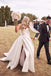 Charming A line Ivory Satin Strapless V Neck Ruffles Wedding Dresses With High Slit OW0030