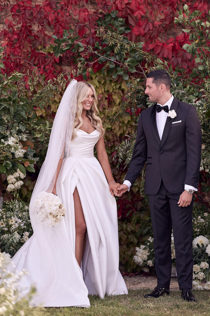 Charming A line Ivory Satin Strapless V Neck Ruffles Wedding Dresses With High Slit OW0030