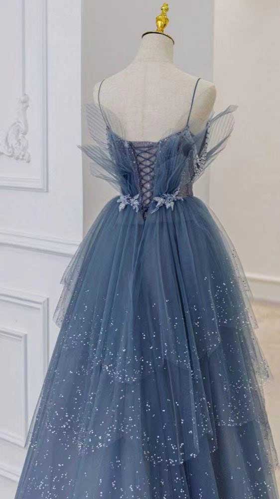 Gorgeous A-Line Spaghetti Straps Royal Blue Tulle Prom Dresses with Layers OM0063