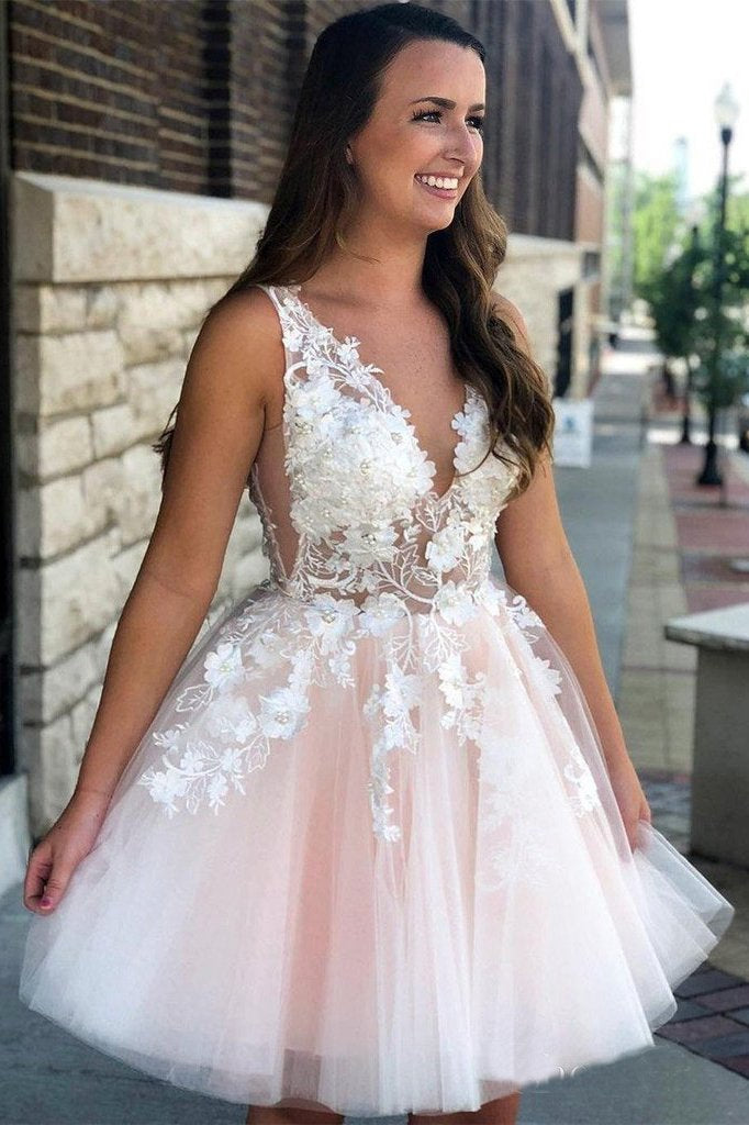 See Through Lace Appliqued Homecoming Dresses V Neck Short Hoco Dress PDO13