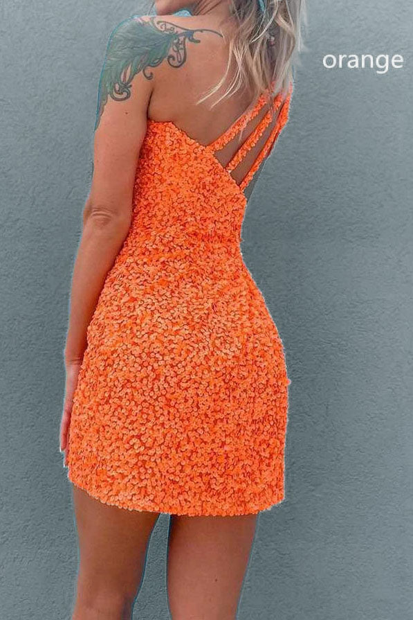 Sheath One Shoulder Sequined Hot Pink Short Mini Prom Dresses, Shiny Homecoming Dress OMH0005