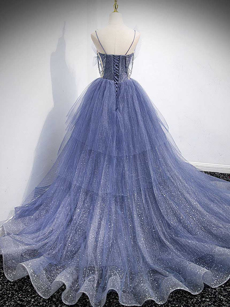 Elegant Blue V Neck Spaghetti Straps Tulle Long Beading Prom Dresses with Layers OM0024