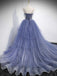 Elegant Blue V Neck Spaghetti Straps Tulle Long Beading Prom Dresses with Layers OM0024