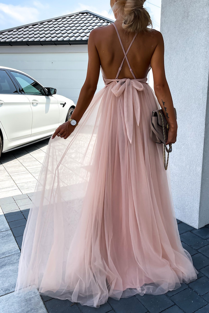 Sexy A line Pink Tulle V Neck Spaghetti Straps Prom Dresses with Lace, Evening Dresses OM0239