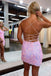 Pink Sequins V Neck Spaghetti Straps Cocktail Dress with Slit, Homecoming Dresses OMH0222