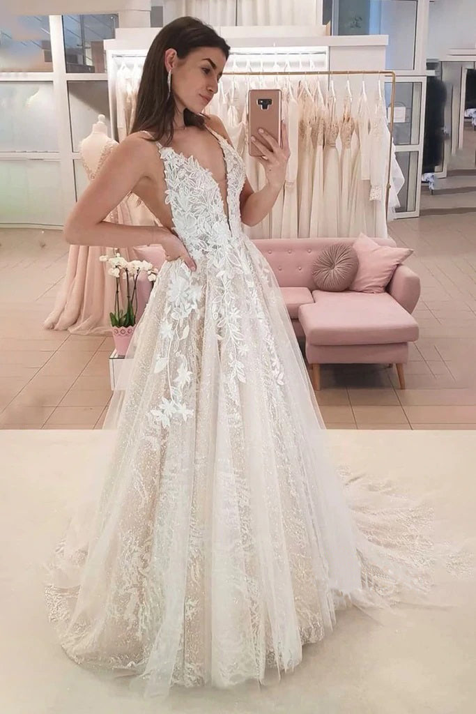 A Line V Neck Spaghetti Straps Wedding Dresses with Lace Appliques, Long Bridal Dresses OW0037