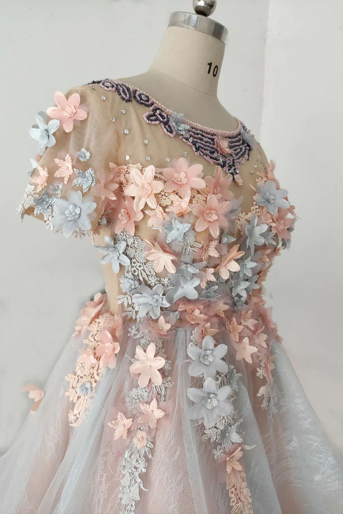 A Line Short Sleeves Beads Tulle Short Prom Dress, Homecoming Dress with Flowers OMH0257