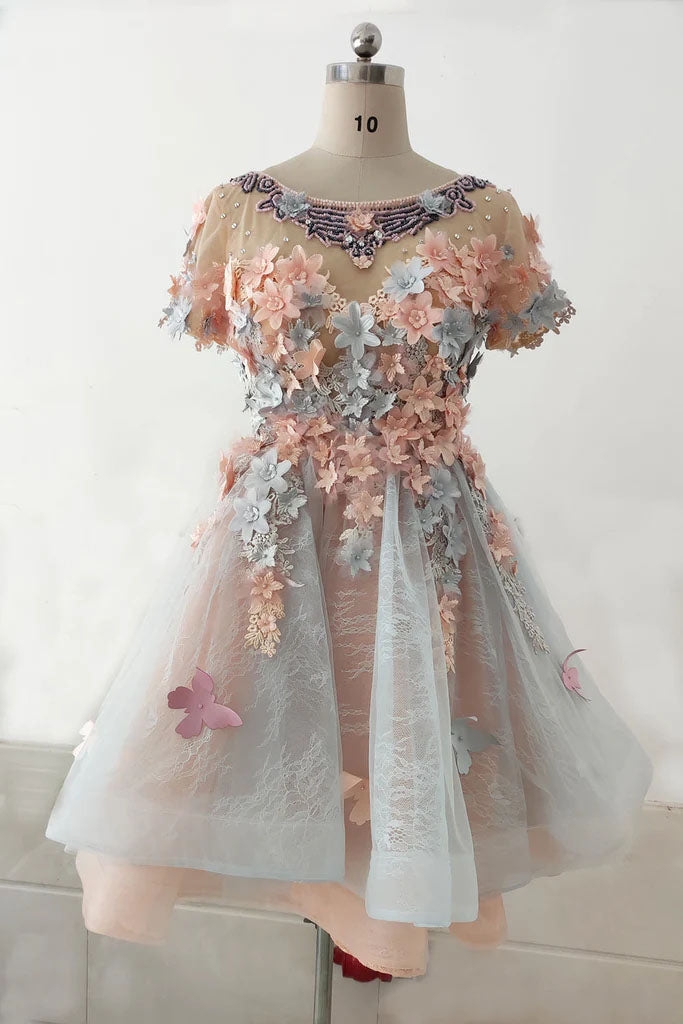 A Line Short Sleeves Beads Tulle Short Prom Dress, Homecoming Dress with Flowers OMH0257