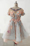 A Line Short Sleeves Beads Tulle Short Prom Dress, Homecoming Dress with Flowers OMH0257