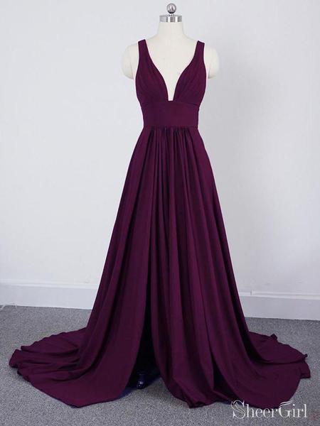 Burgundy A Line Deep V Neck Cheap Bridesmaid Dresses For Wedding PDI92