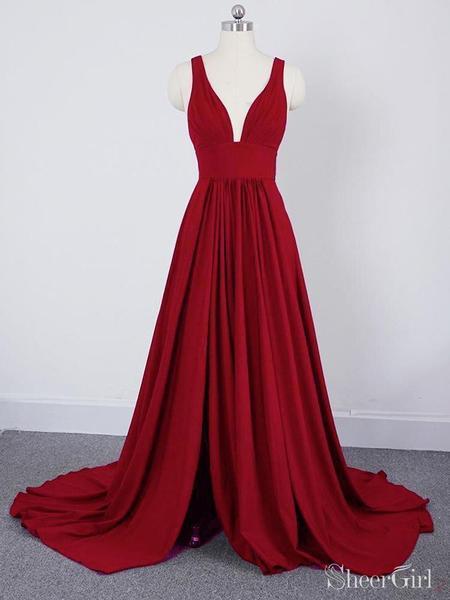Burgundy A Line Deep V Neck Cheap Bridesmaid Dresses For Wedding PDI92