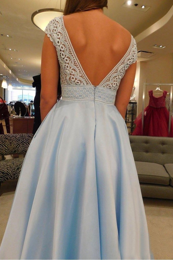 Simple V-Neck A Line Lace Cap Sleeves Sky Blue Prom Dresses for Junior PDS79