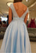 Simple V-Neck A Line Lace Cap Sleeves Sky Blue Prom Dresses for Junior PDS79