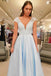 Simple V-Neck A Line Lace Cap Sleeves Sky Blue Prom Dresses for Junior PDS79