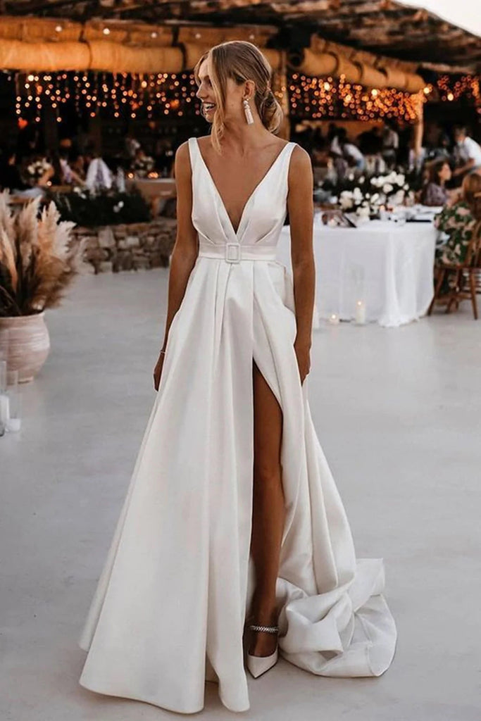 Simple A Line Deep V Neck Ivory Long Open Back Prom Wedding Dresses With Belt OW0121