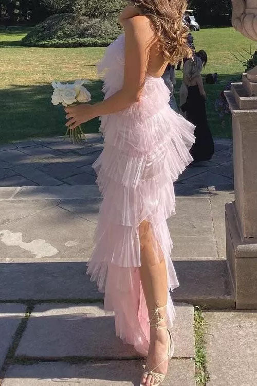 Stylish Pink Tulle Halter Layers Sleeveless Prom Dresses with Slit, Girl Dresses OM0137