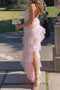 Stylish Pink Tulle Halter Layers Sleeveless Prom Dresses with Slit, Girl Dresses OM0137