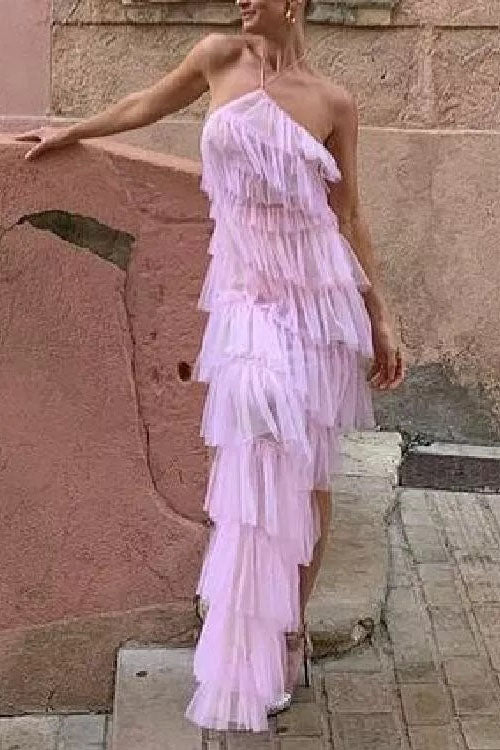 Stylish Pink Tulle Halter Layers Sleeveless Prom Dresses with Slit, Girl Dresses OM0137