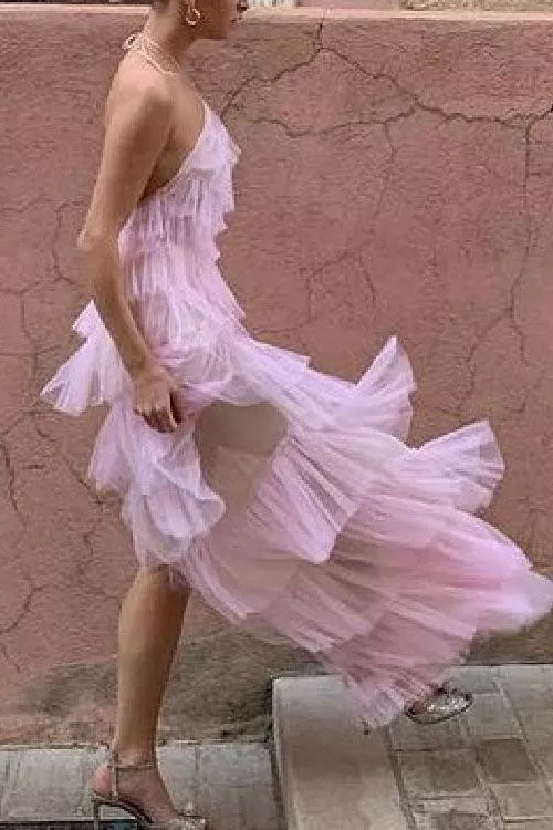 Stylish Pink Tulle Halter Layers Sleeveless Prom Dresses with Slit, Girl Dresses OM0137