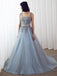 Sky Blue Formal Long Lace Appliqued Gray Tulle Prom Dresses Cheap Quinceanera Dresses PDP2