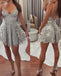 A line Silver Spaghetti Straps V Neck Short Mini Prom Dresses, Homecoming Dresses OMH0017