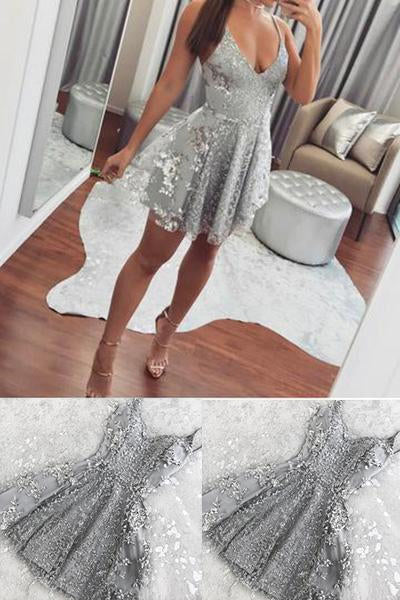 A line Silver Spaghetti Straps V Neck Short Mini Prom Dresses, Homecoming Dresses OMH0017