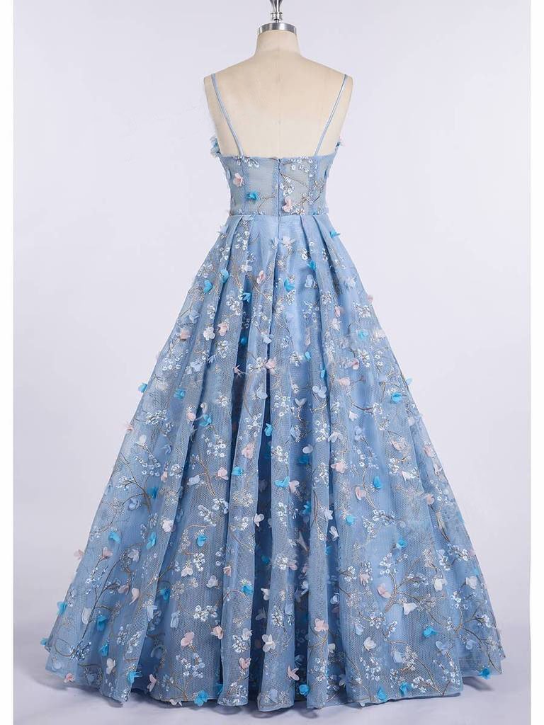 Princess Spaghetti Strap 3D Flower Applique Sky Blue Prom Dresses Ball Gowns PDH90