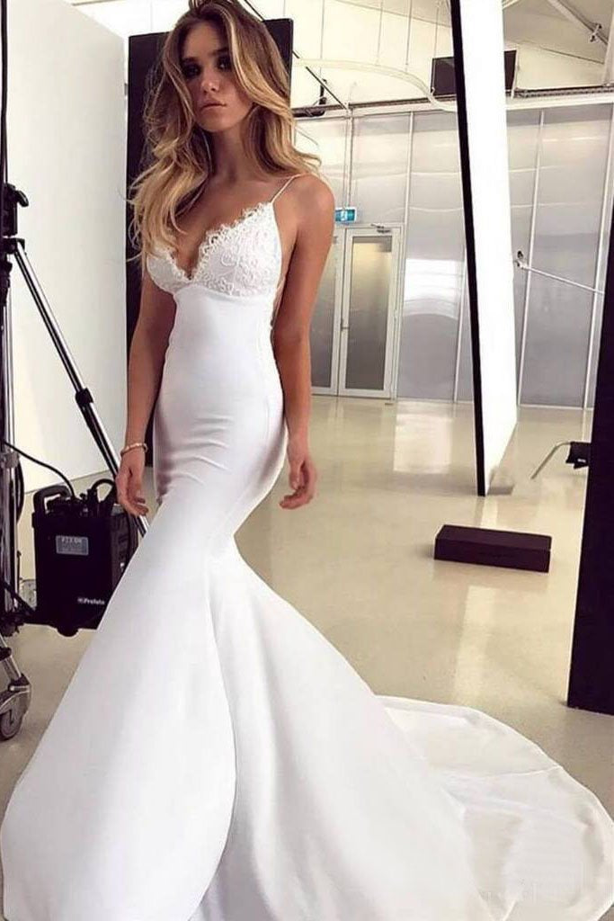 Spaghetti Strap V Neck Lace Long Mermaid Prom Dress PDL45