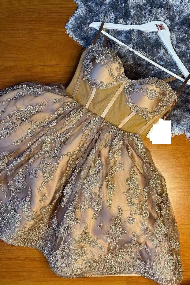 A Line Spaghetti Straps Sweetheart Cocktail Dresses with Appliques, Homecoming Dress OMH0033