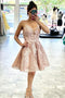 Lace V Neck Sleeveless Short Prom Dress, Homecoming Dresses with Appliques OMH0018