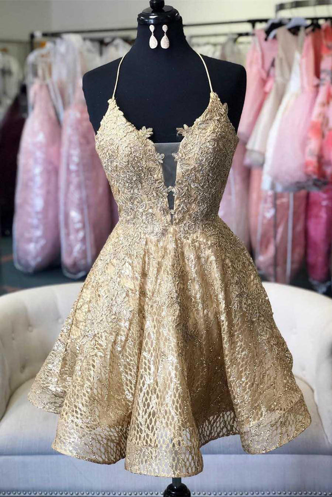 Lace V Neck Sleeveless Short Prom Dress, Homecoming Dresses with Appliques OMH0018