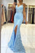 Beautiful Mermaid Pearl Straps Lace Blue V Neck Prom Dresses Slit Evening Dresses OM0257