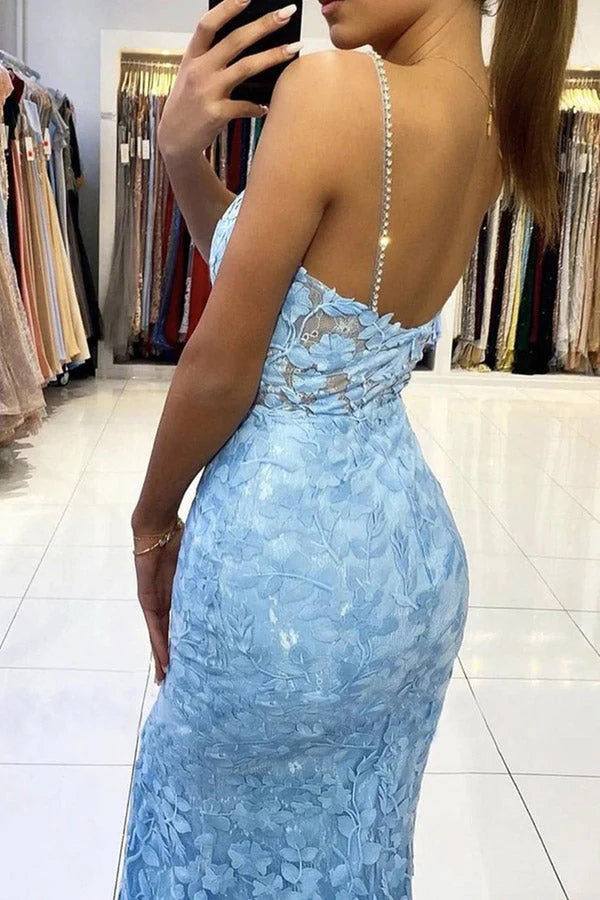 Beautiful Mermaid Pearl Straps Lace Blue V Neck Prom Dresses Slit Evening Dresses OM0257