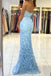 Beautiful Mermaid Pearl Straps Lace Blue V Neck Prom Dresses Slit Evening Dresses OM0257