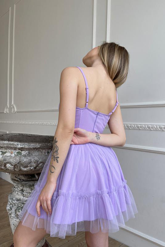 A Line Lavender Spaghetti Straps Sweetheart Tulle Short Prom Dress, Homecoming Dress OMH0121